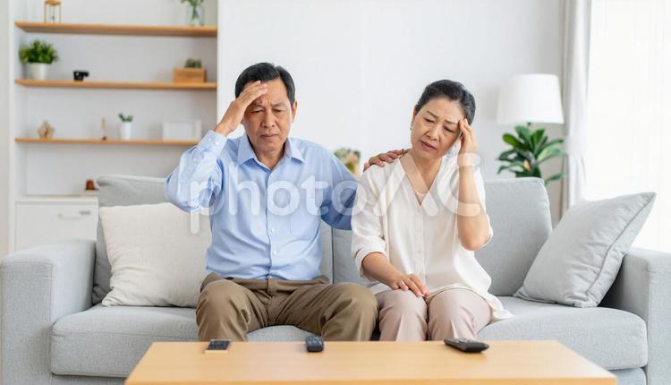家で体調不良の日本人シニア夫婦 更年期障害,リビング,体調不良の写真素材