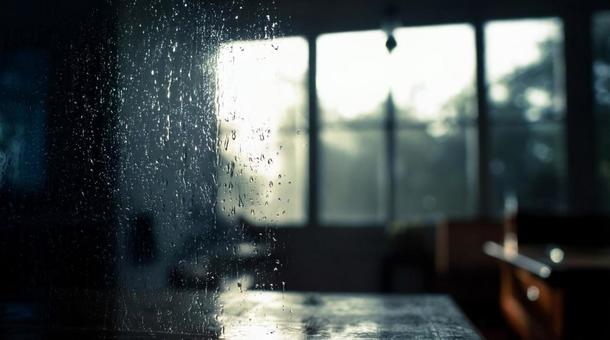 雨の窓と朝の光の室内・インテリア・雨の日 雨の窓と朝の光の室内・インテリア・雨の日の写真