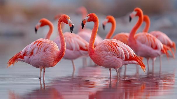 遠景に広がるフラミンゴの群れ 遠景に広がるフラミンゴの群れの写真