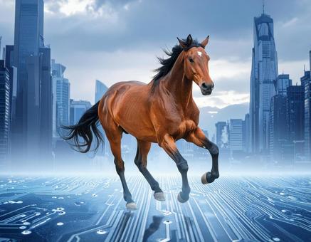 午年フォト・未来都市を駆ける馬の写真