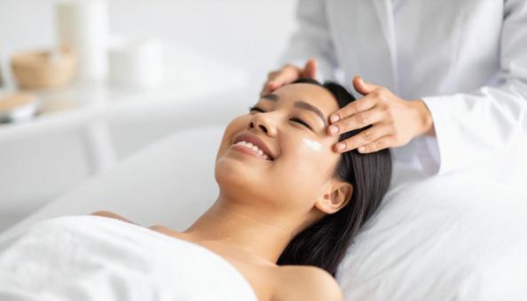 美容皮膚科で女性にクリームを塗る看護師 美容皮膚科で女性にクリームを塗る看護師の写真