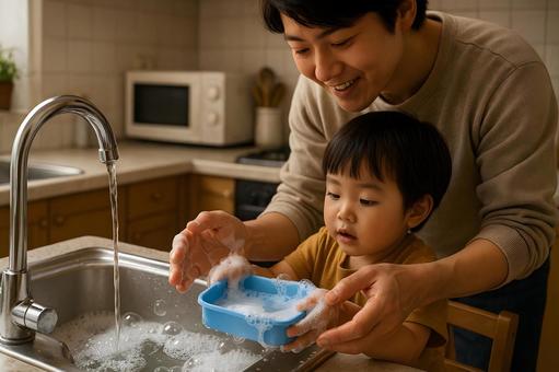 父と食器洗い体験 父と食器洗い体験の写真