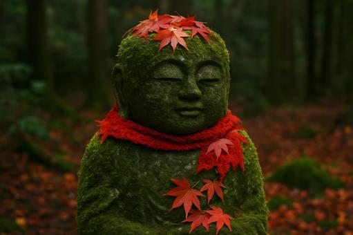 苔地蔵と秋楓の写真