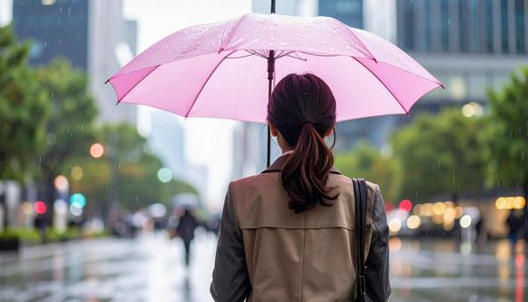 ピンクの傘をさして通勤する女性の後ろ姿 ピンクの傘をさして通勤する女性の後ろ姿の写真