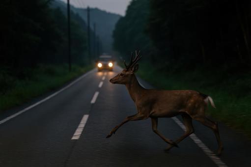 道路を渡る鹿の瞬間 道路を渡る鹿の瞬間の写真