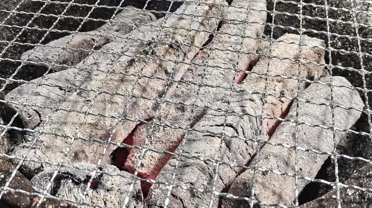 炭火焼きの燃える炭と網 炭火,炭,網の写真素材