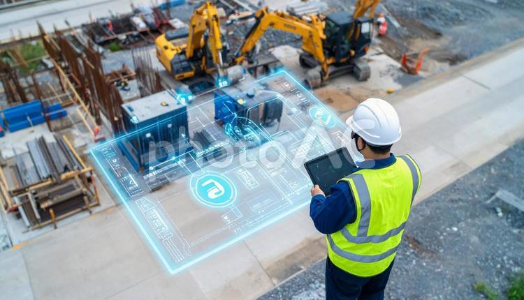 スマートグラスで重機を操作する未来の現場 スマートグラス,建築現場,重機の写真素材
