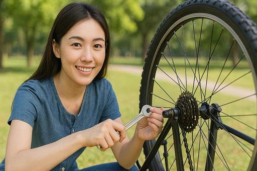 自転車を修理する若い女性・屋外での整備 自転車を修理する若い女性・屋外での整備の写真