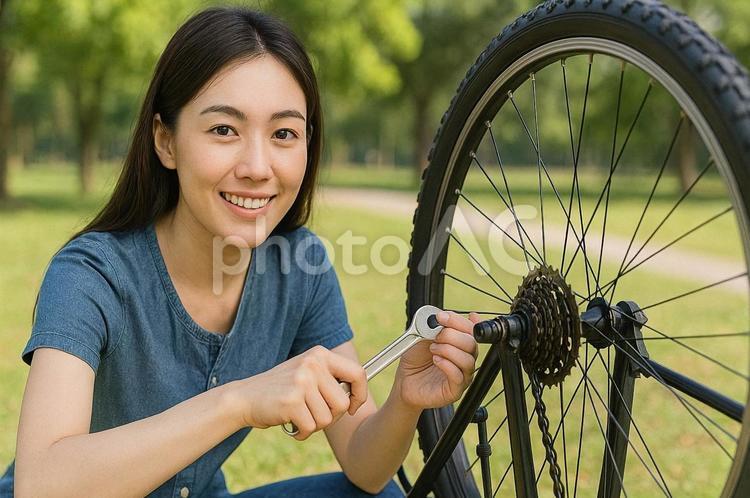 自転車を修理する若い女性・屋外での整備 自転車修理,若い女性,メンテナンスの写真素材
