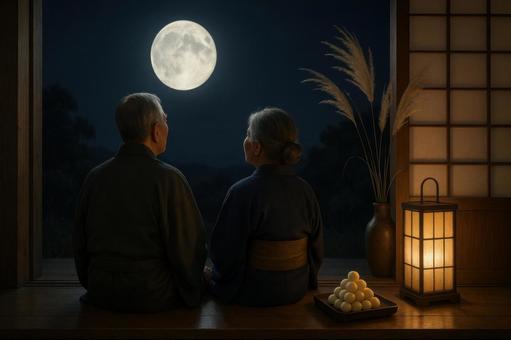 縁側から月を見上げる老夫婦 縁側から月を見上げる老夫婦の写真