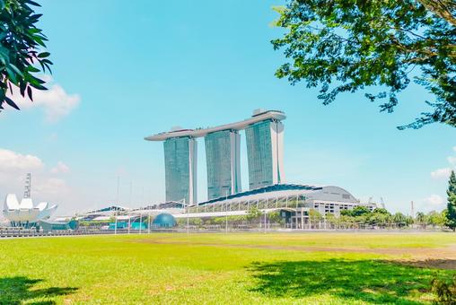 【シンガポール】緑とマリーナベイサンズ シンガポール,マリーナベイサンズ,ビルの写真素材