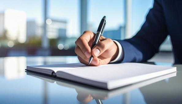 手帳にメモを取る会社員の手元の写真