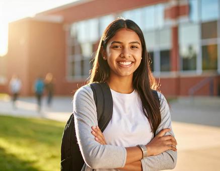 校舎前で自信に満ちた笑顔の女子学生の写真
