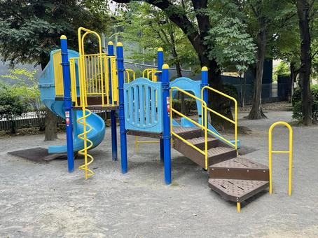 Photo, play equipment, slide, compound swings, 