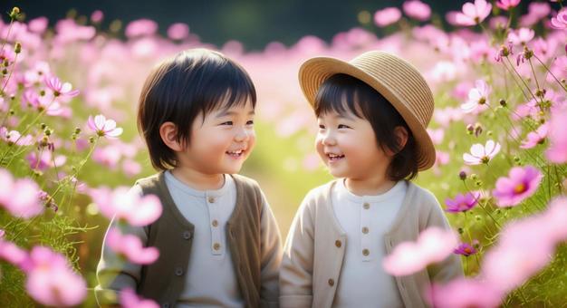 コスモス花畑で微笑む幼い兄妹 コスモス花畑で微笑む幼い兄妹の写真