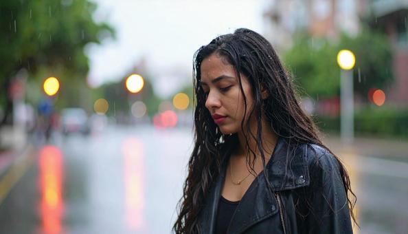 孤独と憂いを帯びた、雨の日の女性の写真