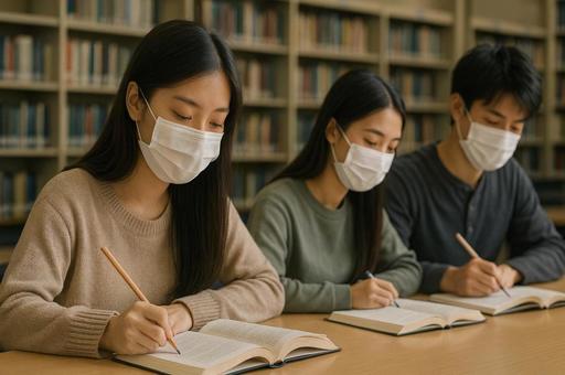 図書館で学ぶ学生の勉強風景 図書館で学ぶ学生の勉強風景の写真
