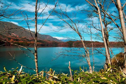 秋の青木湖と雪を纏った北アルプス 長野,青木湖,白馬の写真素材