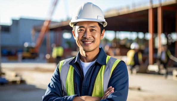 建設現場で働く作業服の若い男性の写真 建設現場で働く作業服の若い男性の写真の写真