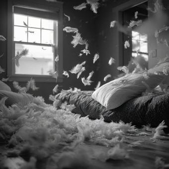 枕から舞い上がる羽根の幻想的な光景 枕から舞い上がる羽根の幻想的な光景の写真