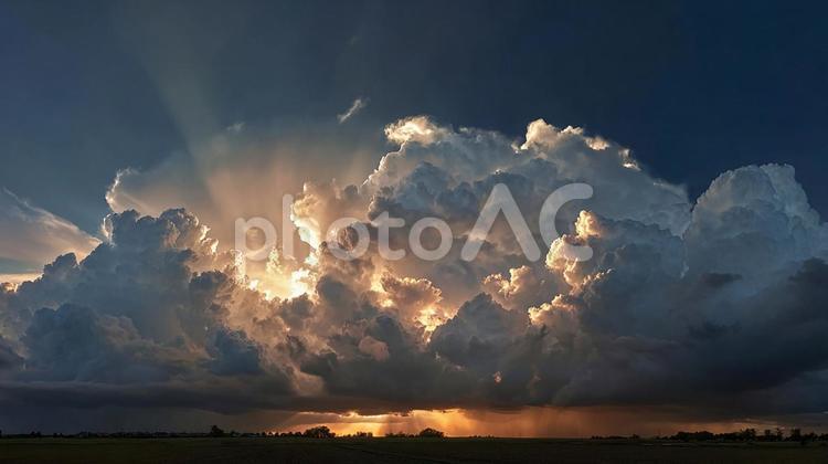 雲間から差し込む光線が美しい夕焼けの空 空,雲,夕焼けの写真素材