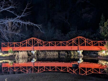 水面に移る赤い橋 川面,曇り空,反射の写真素材