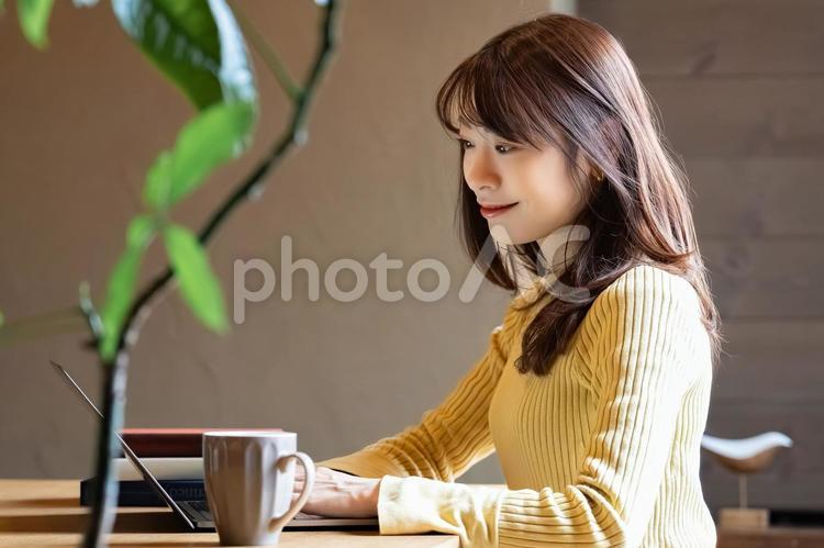 ノートパソコンを使う笑顔の女性 女性,パソコン,pcの写真素材
