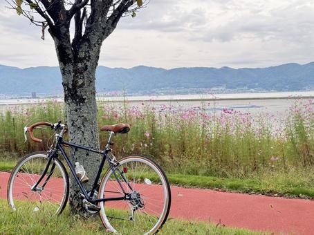 サイクリング サイクリング,自転車,湖の写真素材