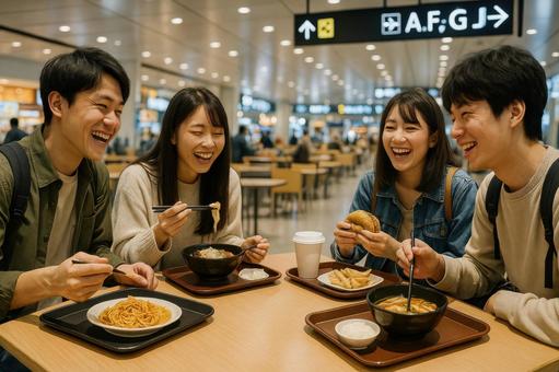 空港のフードコートで食事をする学生たち 空港のフードコートで食事をする学生たちの写真