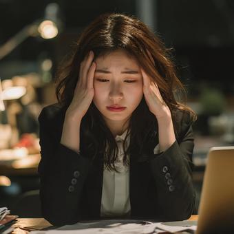 疲労困憊のオフィスワーカー頭を抱える女性 疲労困憊のオフィスワーカー頭を抱える女性の写真