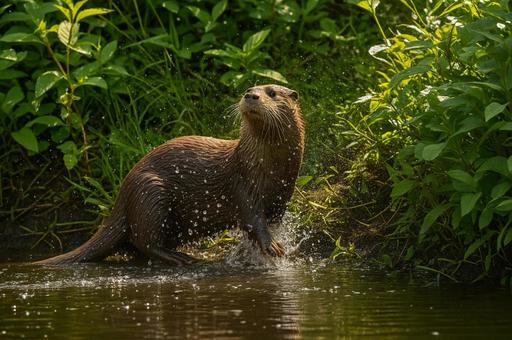 水しぶきを上げながら遊ぶカワウソ 水しぶきを上げながら遊ぶカワウソの写真