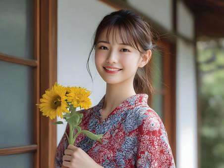 ひまわりと赤い浴衣を着た女性 ひまわりと赤い浴衣を着た女性の写真