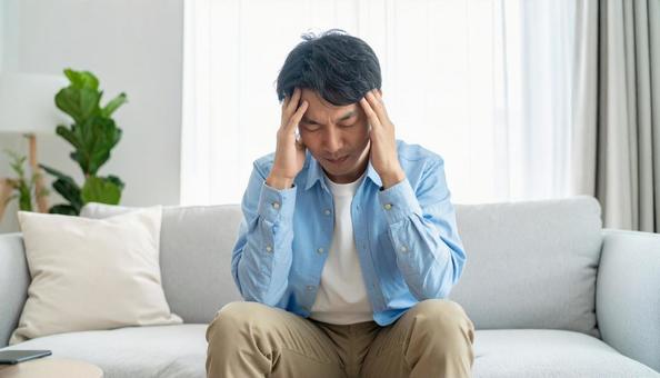 ソファに座って頭を抱える20代の男性の写真