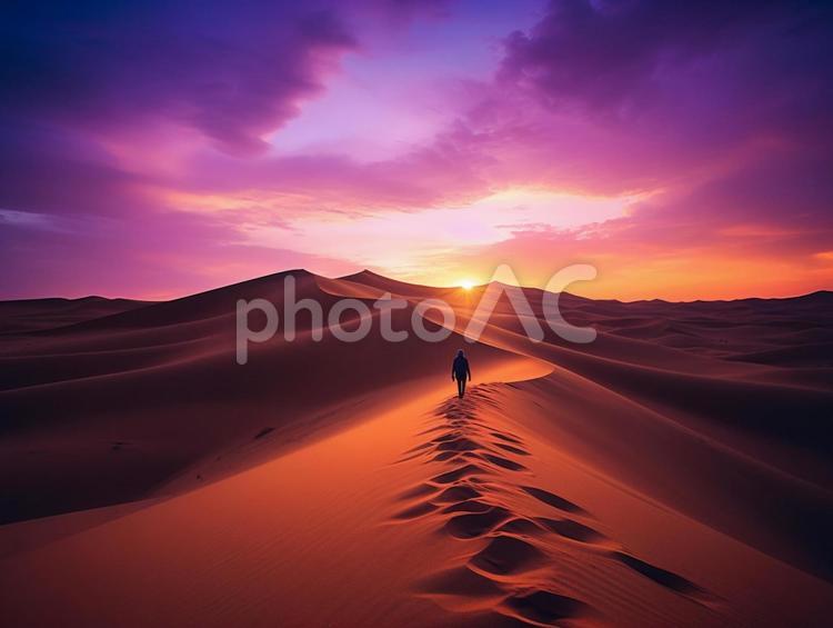 砂漠で夕日に向かって歩く人 夕日,砂漠,人物の写真素材