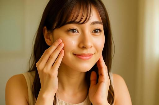 スキンケアをする女性 スキンケアをする女性の写真