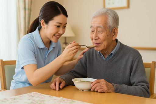 高齢男性に食事介助する 高齢男性に食事介助するの写真