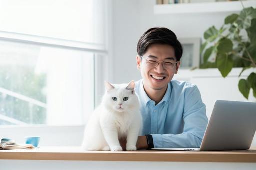 猫と一緒に作業する男性・在宅006 猫と一緒に作業する男性・在宅006 pc,男性,男の写真素材