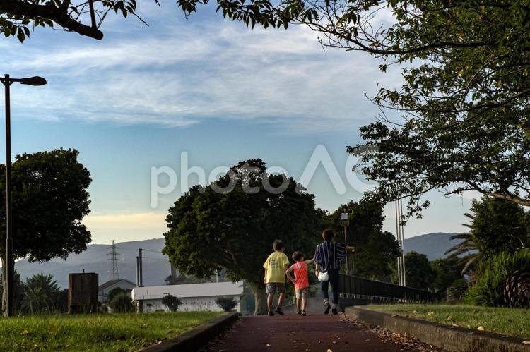 ＜素材＞夕暮れの公園の遊歩道を歩く親子 家族,兄弟,親子の写真素材