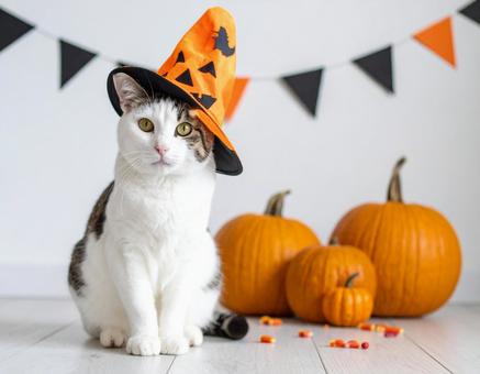 かぼちゃ帽子をかぶった猫 かぼちゃ帽子をかぶった猫の写真