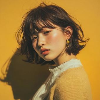 ショートボブとゴールドアクセの女性 ショートボブとゴールドアクセの女性の写真