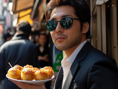 たこ焼きを食すサングラスとスーツ姿の男性 たこ焼きを食すサングラスとスーツ姿の男性の写真
