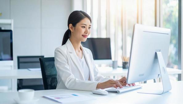 パソコンで仕事する白い服装の女性会社員 パソコンで仕事する白い服装の女性会社員の写真