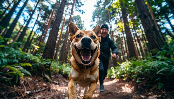 清々しい空気の森を笑顔で走る犬と飼い主 清々しい空気の森を笑顔で走る犬と飼い主の写真