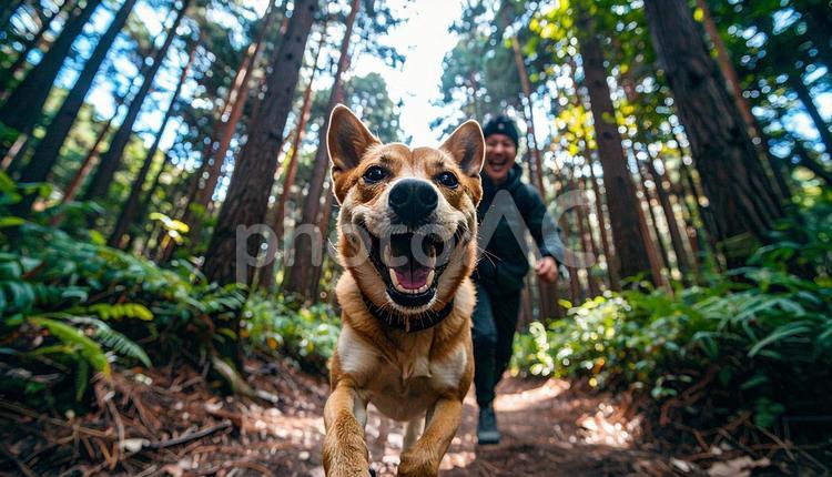 清々しい空気の森を笑顔で走る犬と飼い主 犬,飼い主,走るの写真素材