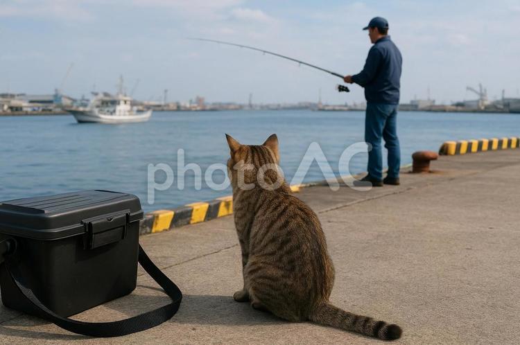 港で釣りをする男性を見つめる猫 野良猫,港,可愛いの写真素材