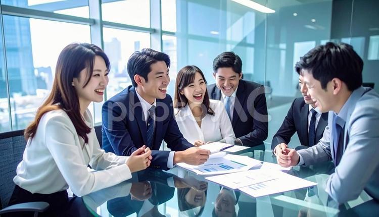 テーブルを囲んで会議するビジネスパーソン ビジネス,会議,ミーティングの写真素材