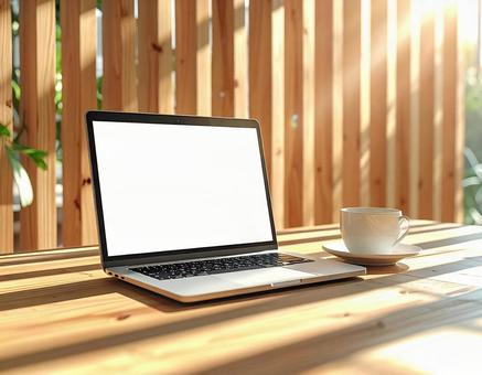 木製テーブルの上のデスクトップとコーヒー 木製テーブルの上のデスクトップとコーヒーの写真