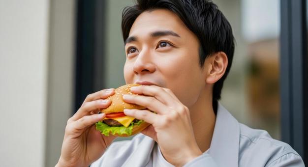 ハンバーガーを食べる男性のアップ ハンバーガーを食べる男性のアップの写真