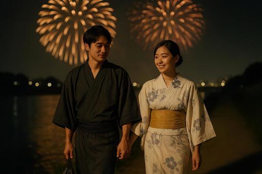 花火を背に歩くカップル 花火を背に歩くカップルの写真