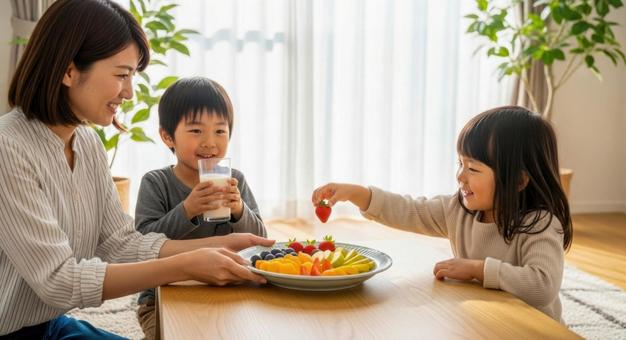 母と子供2人が食卓にいる朝食シーンの写真